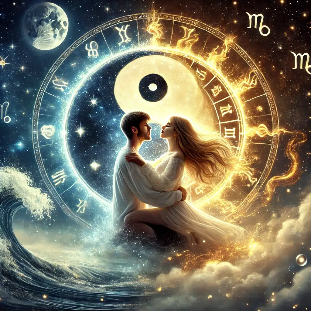 Símbolo Yin-Yang celestial rodeado de constelaciones del zodiaco, representando la polaridad cósmica en astrología